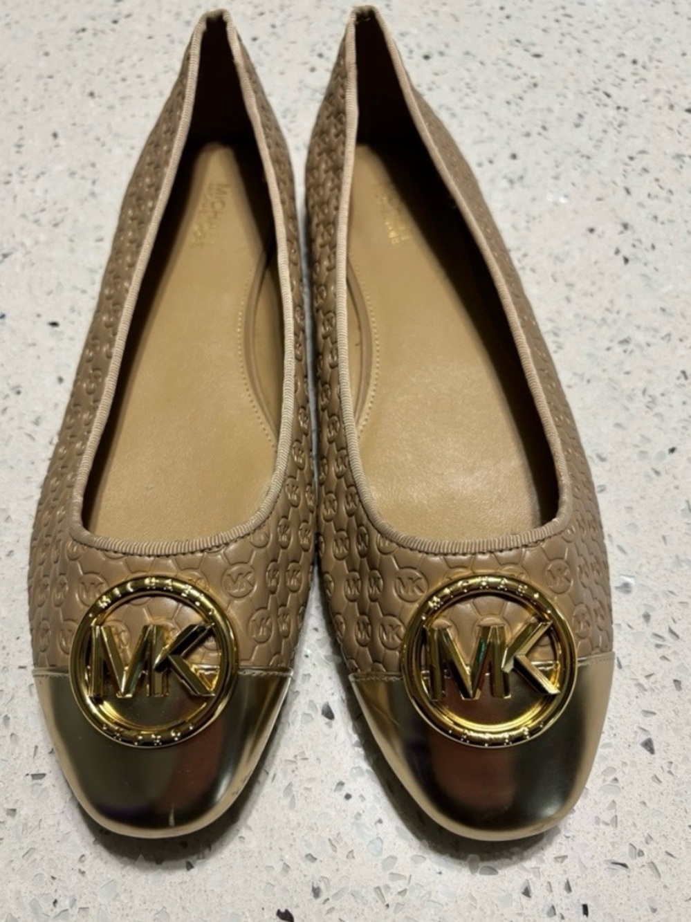 Michael Kors Beige Logo Ballet Flats with Gold Cap Toe